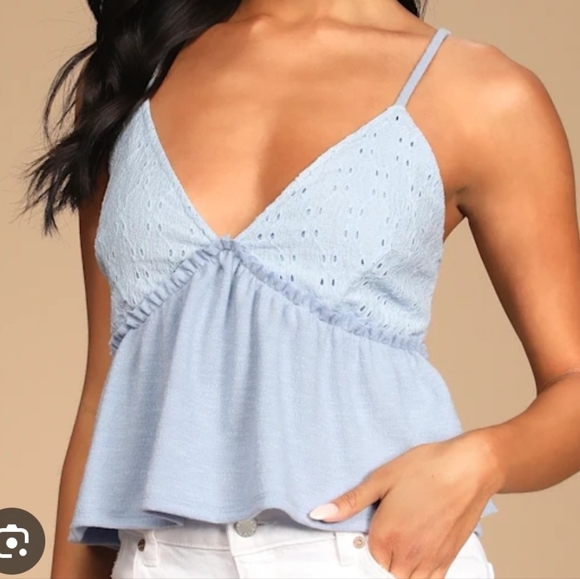 Lulus Tops - Lulus Light Blue Eyelet Peplum Cami Top Small